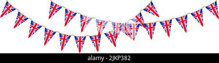 Britische Flagge Girlande. Union Jack Wimpel Kette. Britische Party-Dekoration. Großbritannien Flaggen zum Feiern. Fußzeile und Banner-Hintergrund. Stock Vektor