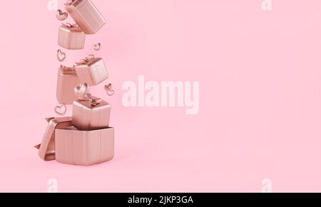 3D Rendering von Geschenkschachteln mit ausknallender Illustration. Stockfoto