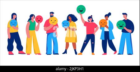 Personen mit Emoji, Smiley-Symbol, die Bewertung und Feedback geben. Kundenauswahl und Mitarbeiterfeedback. Bewertung Sterne Feedback einstufen. Unternehmen Stock Vektor