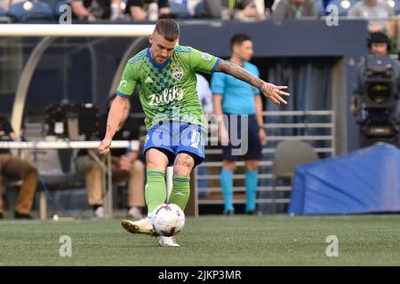 Seattle, Washington, USA. 02. August 2022: Seattle Sounders Mittelfeldspieler Albert RusnÃ¡k (11) während der ersten Hälfte des MLS-Fußballmatches zwischen dem FC Dallas und dem Seattle Sounders FC im Lumen Field in Seattle, WA. Seattle besiegte Dallas 1-0. Steve Faber/CSM Credit: CAL Sport Media/Alamy Live News Stockfoto