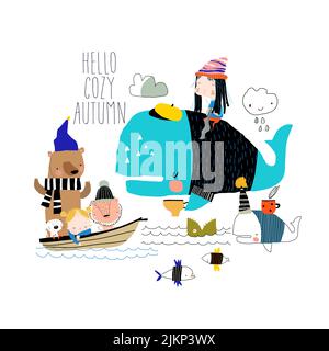 Nette Cartoon-Freunde treffen gemütlichen Herbst am Meer Stock Vektor