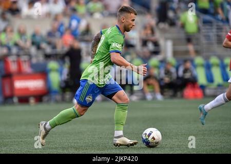 Seattle, Washington, USA. 02. August 2022: Seattle Sounders Mittelfeldspieler Albert RusnÃ¡k (11) während der ersten Hälfte des MLS-Fußballmatches zwischen dem FC Dallas und dem Seattle Sounders FC im Lumen Field in Seattle, WA. Seattle besiegte Dallas 1-0. Steve Faber/CSM Credit: CAL Sport Media/Alamy Live News Stockfoto