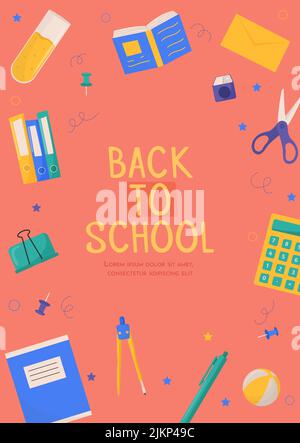 Zurück zur Schulkarte mit bunten Schulmaterialien. Farbenfrohe Vorlagen für Einladungen, Poster, Banner, Promotion, Verkauf. Schulbedarf Stock Vektor