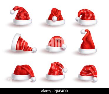 Weihnachtshut Vektor-Set 3D Design. weihnachtsmann weihnachten Mütze Elemente mit Muster Dekoration für Weihnachten Winter Kopf Kleid Kollektion. Stock Vektor
