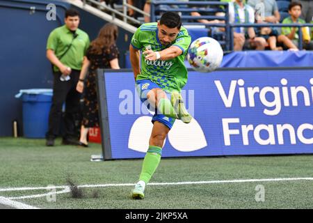 Seattle, Washington, USA. 02. August 2022: Seattle Sounders Mittelfeldspieler Cristian Roldan (7) während des MLS-Fußballmatches zwischen dem FC Dallas und dem Seattle Sounders FC im Lumen Field in Seattle, WA. Seattle besiegte Dallas 1-0. Steve Faber/CSM Credit: CAL Sport Media/Alamy Live News Stockfoto