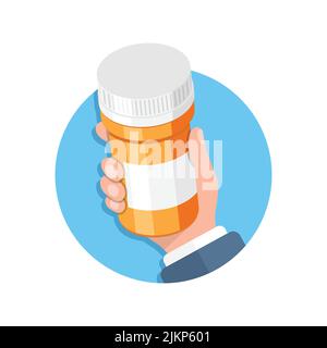 Pillenflasche in der Hand Illustration in flacher Form. Vektorgrafik für medizinische Kapseln auf weißem, isoliertem Hintergrund. Apotheke Zeichen Geschäftskonzept. Stock Vektor