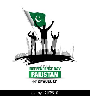 Happy Independence Day Pakistan. vektor-Illustration von Pakistan Mann mit Flagge. Poster, Banner, Vorlage Design Stock Vektor