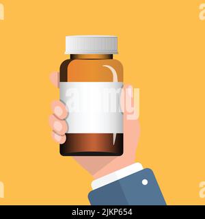 Pillenflasche in der Hand Illustration in flacher Form. Vektorgrafik für medizinische Kapseln auf weißem, isoliertem Hintergrund. Apotheke Zeichen Geschäftskonzept. Stock Vektor