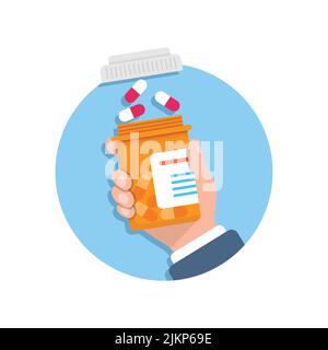 Pillenflasche in der Hand Illustration in flacher Form. Vektorgrafik für medizinische Kapseln auf weißem, isoliertem Hintergrund. Apotheke Zeichen Geschäftskonzept. Stock Vektor