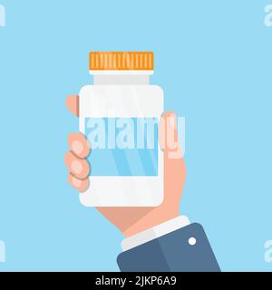 Pillenflasche in der Hand Illustration in flacher Form. Vektorgrafik für medizinische Kapseln auf weißem, isoliertem Hintergrund. Apotheke Zeichen Geschäftskonzept. Stock Vektor