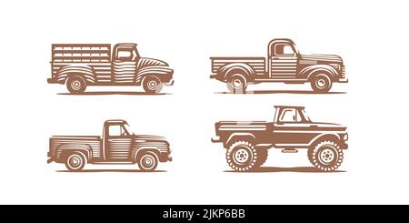 Bauernhof-LKW-Retro-Zeichnung, Vektor-Illustration von landwirtschaftlichen Autos mit Kofferraum. Agrartransporte für die Ernte- und Ernteschifffahrt. Grafisches Design elemen Stock Vektor