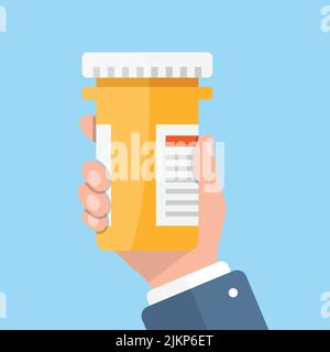 Pillenflasche in der Hand Illustration in flacher Form. Vektorgrafik für medizinische Kapseln auf weißem, isoliertem Hintergrund. Apotheke Zeichen Geschäftskonzept. Stock Vektor