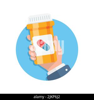 Pillenflasche in der Hand Illustration in flacher Form. Vektorgrafik für medizinische Kapseln auf weißem, isoliertem Hintergrund. Apotheke Zeichen Geschäftskonzept. Stock Vektor
