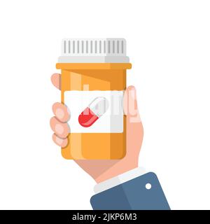 Pillenflasche in der Hand Illustration in flacher Form. Vektorgrafik für medizinische Kapseln auf weißem, isoliertem Hintergrund. Apotheke Zeichen Geschäftskonzept. Stock Vektor