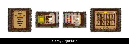Spiel-Schnittstelle, Popup-Menü, gewinnen und verlieren Fenster. Cartoon User ui Panel mit Optionen, Schaltflächen, Waffenladen, gui-Elemente, Player Rate Stars, Score, AS Stock Vektor