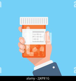 Pillenflasche in der Hand Illustration in flacher Form. Vektorgrafik für medizinische Kapseln auf weißem, isoliertem Hintergrund. Apotheke Zeichen Geschäftskonzept. Stock Vektor