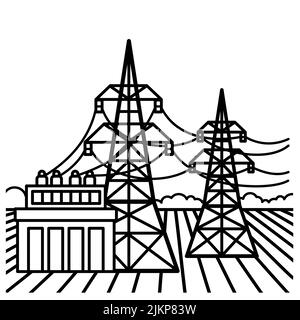 Stromübertragung. Das Konzept von Stromleitungen und Transformatorumspannwerk. Vektorlinien-Illustration Stock Vektor