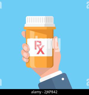 Pillenflasche in der Hand Illustration in flacher Form. Vektorgrafik für medizinische Kapseln auf weißem, isoliertem Hintergrund. Apotheke Zeichen Geschäftskonzept. Stock Vektor