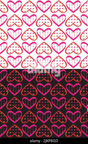 Geometrische rosa Herzen, festliches Nahtloses Muster. Knallfarbenes Gitter, dekorative Doodle Herzformen. Transparenter Hintergrund. Vektor Stock Vektor