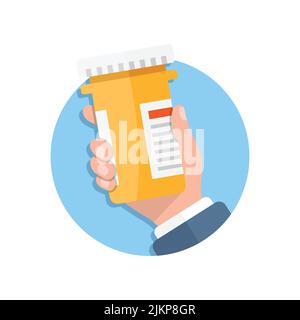 Pillenflasche in der Hand Illustration in flacher Form. Vektorgrafik für medizinische Kapseln auf weißem, isoliertem Hintergrund. Apotheke Zeichen Geschäftskonzept. Stock Vektor