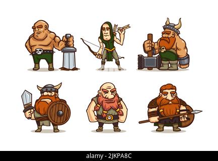 Viking Zeichentrickfiguren, alte skandinavische Krieger mit Schwert, Hammer, Bogen, Speer und hölzernen Schilden. Spiel oder Märchen Persönlichkeiten, mittelalterliche BA Stock Vektor