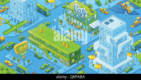 Moderner Stadtplan, isometrisches Stadtbild mit Café-, Motel- und Bürogebäuden, Baumaschinen, Autos auf Straßen und fliegenden Flugzeugen. Vektorgrafik Stock Vektor