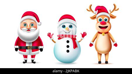 Weihnachtsfiguren Vektorset. Weihnachtsfigur wie weihnachtsmann, Schneemann und Rentier in stehender Pose und Gesten mit niedlichem Gesichtsausdruck. Stock Vektor