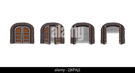 Cartoon mittelalterliche Burg Tore öffnen Animation für Spiel. Palasttür Sprite Blatt Bewegung. Festungseingang, offener und geschlossener Holzbogen mit Metall g Stock Vektor