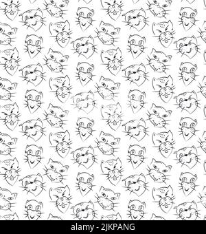 Katze zeigt nahtloses Muster. Handgezeichnete Pinsel Doodle streichelt, kindliche Bilder von Heimtierfiguren. Cartoon naiv niedlichen Stil. Schwarz, Weiß Stock Vektor