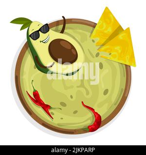 Avocado-Charakter schwimmt in einer Schüssel mit würziger mexikanischer Guacamole-Sauce. Würzige Chips. Cartoon-Vektor auf weißem Hintergrund isoliert Stock Vektor