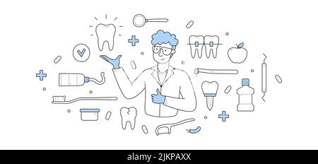 Zahnmedizin Medizin Doodle Konzept. Stomatologie Arzt mit gesund glänzenden Zahn in der Hand und medizinische lineare Geräte Symbole um. Zahnklinik Serv Stock Vektor