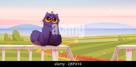 Nette Katze sitzen auf hölzernen Terrassenzaun auf ländlicher Landschaft. Vektor-Cartoon-Illustration von Sommer landwirtschaftlichen Feldern, Landstraße und schwarz lustig pelzigen Stock Vektor