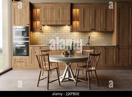 Küche mit Holzschränken und einem Esstisch. Hochwertige Illustration 3D Rendering Retro Vintage Stil. Stockfoto