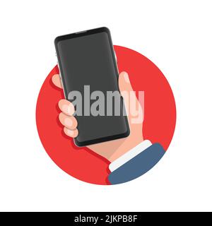 Abbildung des Smartphones in der Hand in flachem Stil. Vektorgrafik für mobile Geräte auf isoliertem Hintergrund. Gadget Zeichen Geschäftskonzept. Stock Vektor