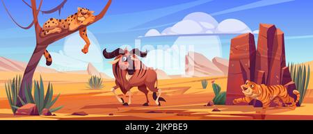 Afrikanische Savanne mit Gnus, Gepard auf Baum und Tiger. Vektor-Cartoon-Illustration von Safari-Park-Landschaft mit Sand, Pflanzen, Steinen und wilden s Stock Vektor