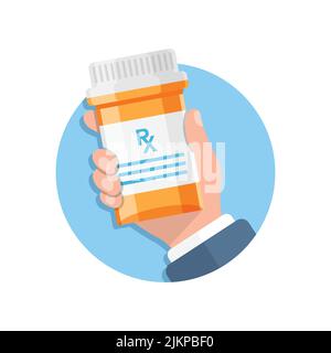 Pillenflasche in der Hand Illustration in flacher Form. Vektorgrafik für medizinische Kapseln auf weißem, isoliertem Hintergrund. Apotheke Zeichen Geschäftskonzept. Stock Vektor