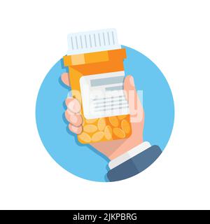 Pillenflasche in der Hand Illustration in flacher Form. Vektorgrafik für medizinische Kapseln auf weißem, isoliertem Hintergrund. Apotheke Zeichen Geschäftskonzept. Stock Vektor
