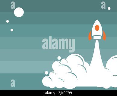 Raumschiff, das auf blauem Hintergrund zwischen den Wolken fliegt Stock Vektor