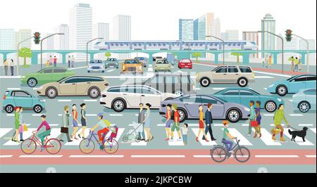 City Silhouette mit Straßenverkehr und Fußgängern auf dem Fußgängerübergang, Illustration Stock Vektor