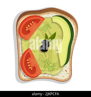 Sandwich mit würziger mexikanischer Sauce, Avocado, Tomaten und Oliven. Leichtes, gesundes Frühstück. Cartoon-Vektor auf weißem Hintergrund isoliert Stock Vektor