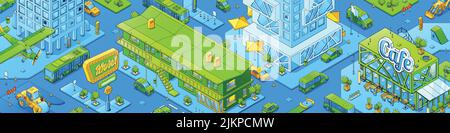 Moderner Stadtplan, isometrisches Stadtbild mit Café-, Motel- und Bürogebäuden, Baumaschinen, Autos auf Straßen und fliegenden Flugzeugen. Vektor horizontal Stock Vektor