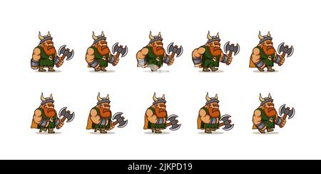 Spiel-Symbole Satz von Charakter viking Walk Zyklus Sequenz. Vektor Cartoon Sprite Blatt des Wandermanns Krieger, Barbar mit Axt und gehörnten Helm für 2 Stock Vektor