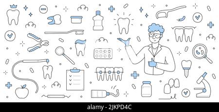 Zahnmedizin Doodle Set. Stomatologie Arzt mit gesund glänzenden Zahn in der Hand, medizinische lineare Geräte Symbole um. Zahnärztliche Klinik Dienstleistungen, t Stock Vektor