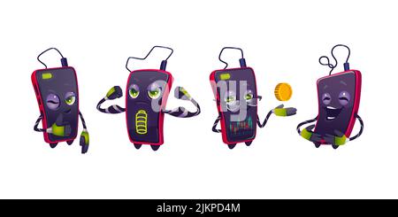 Niedliche Smartphone-Charakter, Handy-Maskottchen in verschiedenen Posen. Vector Cartoon Satz von Gadget mit Daumen nach oben, Börsengraph, volle Akkuladung Stock Vektor