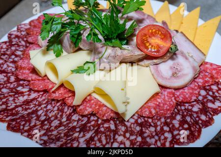 Ein Teller mit kalten Vorspeisen mit verschiedenen Würstchen, Fleisch und Käse Stockfoto