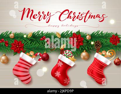 Weihnachts-Girlande-Vektor-Design, Frohe weihnachten Grußtext in Girlande-Dekoration mit hängendem santa-Sack, Weihnachtsstern, Kugeln und Zuckerrohr-Element. Stock Vektor