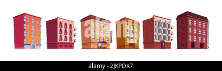 Erstellung Cartoon Vektor isolierte Illustrationen. Stadtlandschaft Elemente gesetzt, mehrstöckige Gebäude mit Balkonen und Rinne, Wohnwohnungen, Stock Vektor