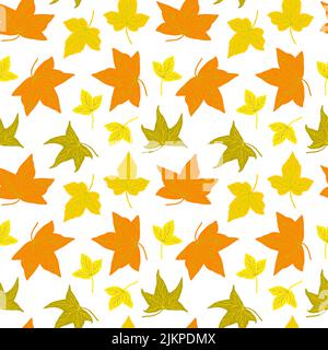 Herbst Blätter nahtlose Muster, einfache Vektor minimalistischen Konzept flache Stil Illustration, gelb orange handgezeichnete natürliche florale Ornament für Einladungen, Textil, Geschenkpapier, Herbst Urlaub Dekor Stock Vektor