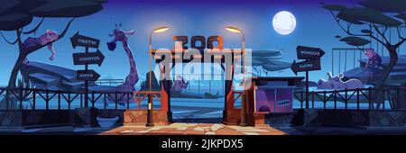 Nachtzoo mit niedlichen schlafenden afrikanischen Tieren, Eingang mit Holzbogen, Zaun, geschlossener Kassiererkabine. Vektor Cartoon dunkle Landschaft des zoologischen Parks Stock Vektor