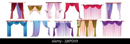 Gardinen-Set, Fenster Innendekoration, Heimtextilien verschiedene Design. Indoor hängende Vorhänge Typen lambrequin, Tüll, portiere Textil für Küche und Stock Vektor